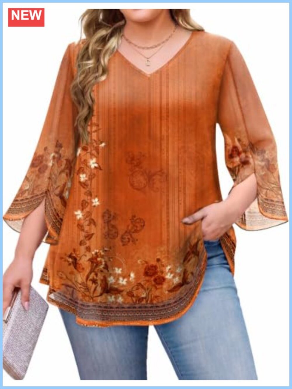 Womens Plus Size Double Layer Mesh Tunic Top 3/4 Ruffle Sleeve V-Neck